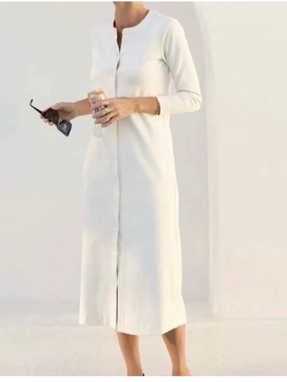 AYR Ivory Button-Front Long Sleeve Midi Dress